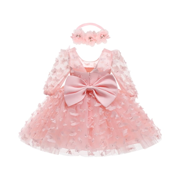 CCRFTGI Dresses For Kids Baby Girls Long Sleeve Dress Party Wedding Lace bow Girls Dresses 2026 Summer Stylish Special Occasion Dress for Girls Pink 12Month