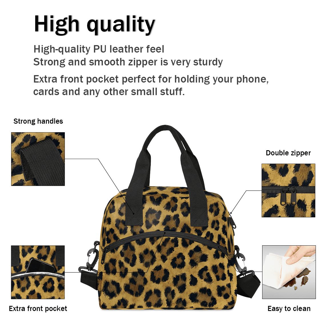 Herdesigns Leopard Insulated Lunch Bag for Women Men Adults Large Reusable Lunch Box Cheetah Print Leakproof Cooler Tote Bags with Adjustable Shoulder Strap