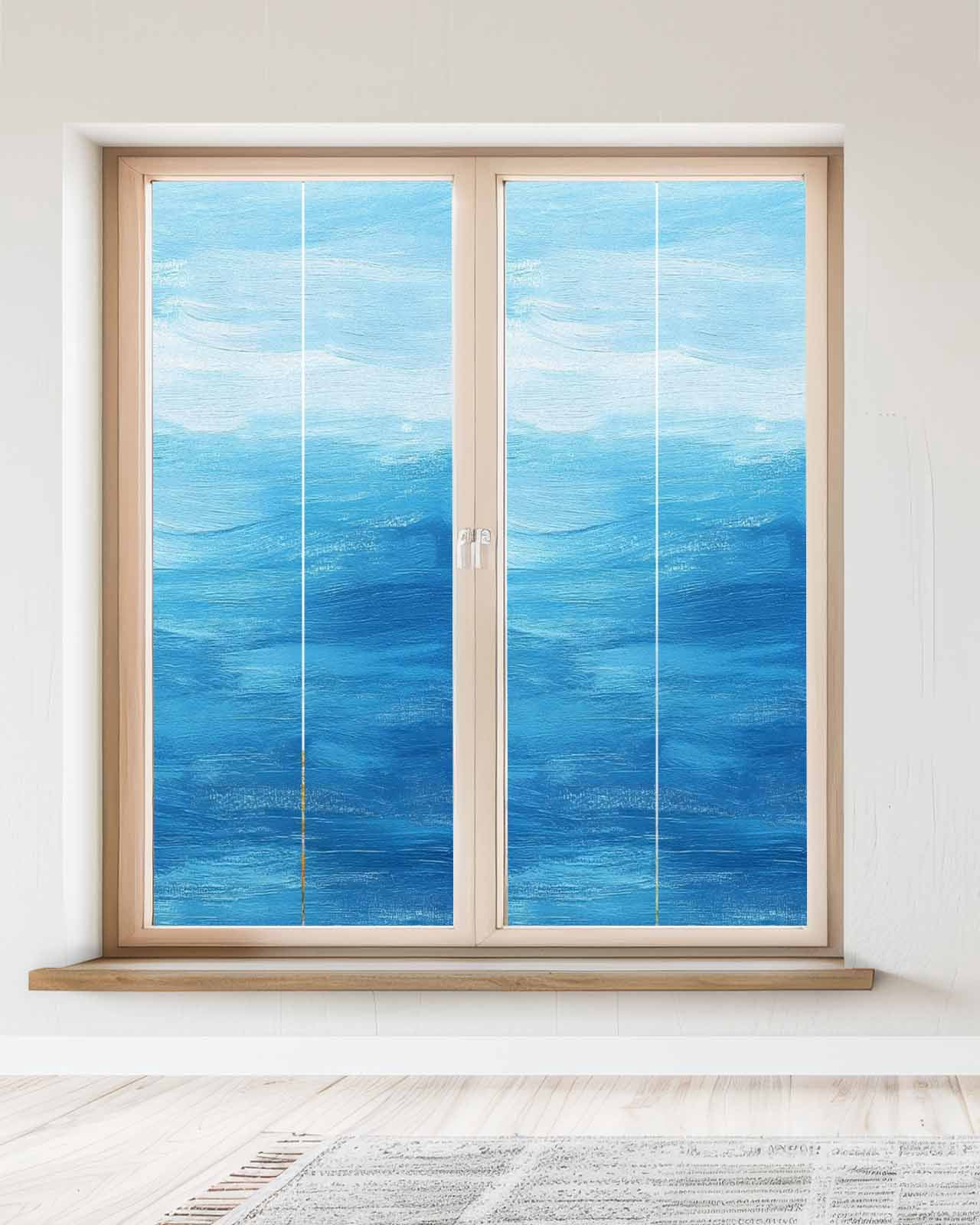 Window Privacy Film Blue Summer Ocean Stained Glass Window Film Decorative Sun Block Window Cover Modern Abstract Coastal Wave Window Clings Static Adhesive Sticker for Bathroom 23.6"x59"