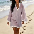 thumbnail image 5 of SETOOFF Women Vertical Stripe Mini Tunic Dress V Neck Wavy Trim Bell Long Sleeve Loose Shift Dress Beach Cover Up Casual Vacation Daily Dress, 5 of 8