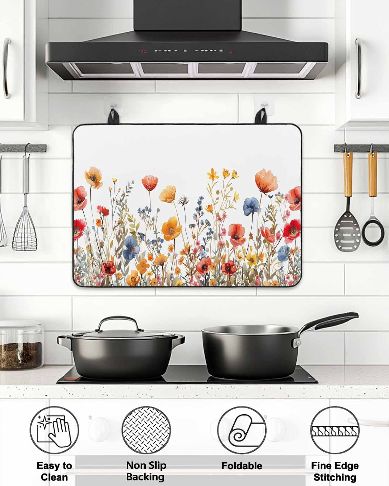 Stove Top Covers for Electric Stove, Yellow Red Blue Spring Floral Glass Stovetop Cover Protector, Summer Botanical Flowers Induction Cooktop Protector Oven Mat for Kitchen Countertop 24"x21"