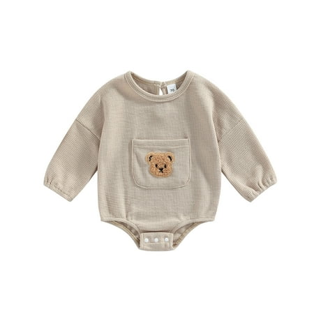 

Toddler Baby Boys Girls Jumpsuits 0 6 12 18 24 Months Bear Embroidery Waffle Pocket Long Sleeve Pullover Sweatshirts Rompers