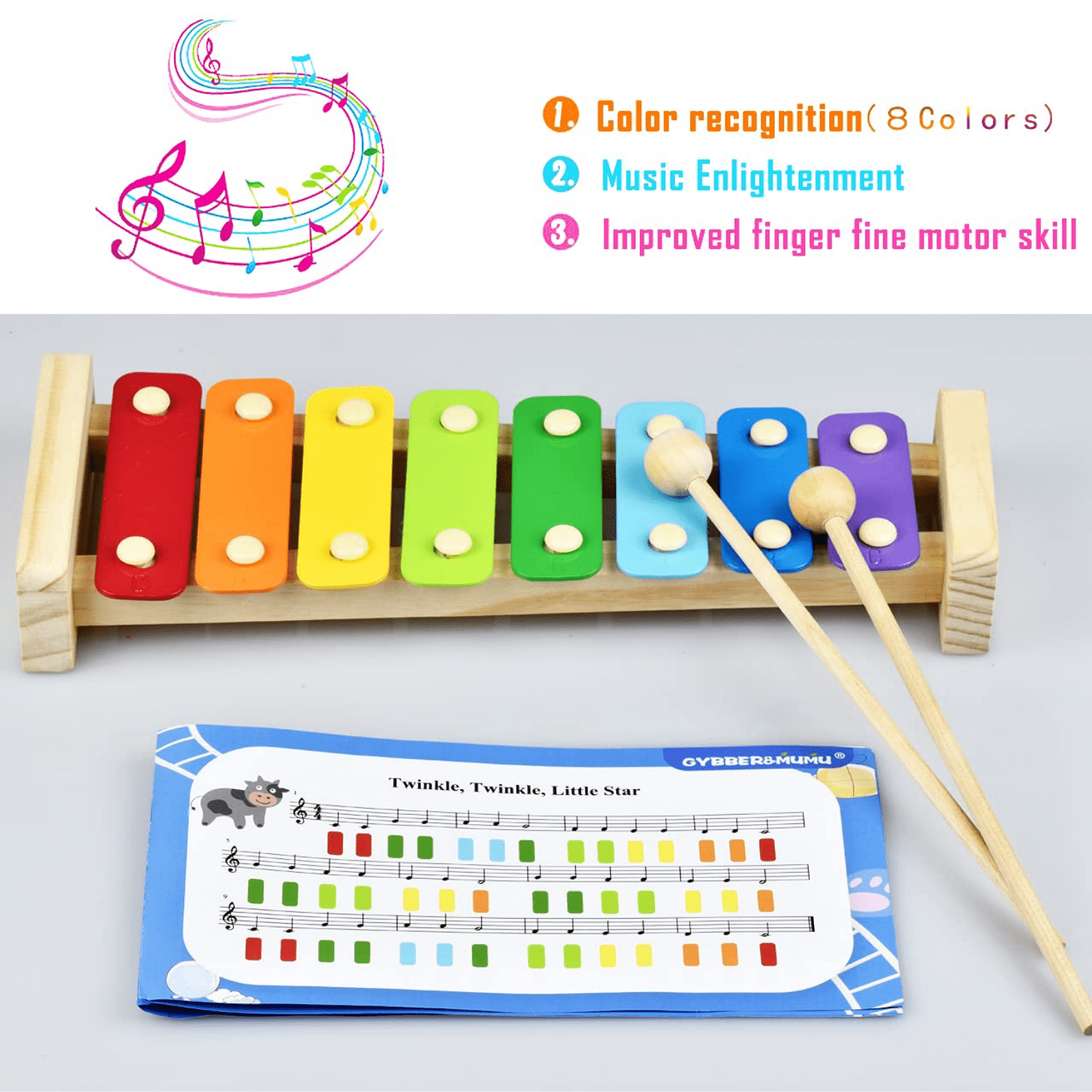 Kids Childrens Colorful 5 Tones Hand Knock Xylophone with 2 Wooden Mallets 