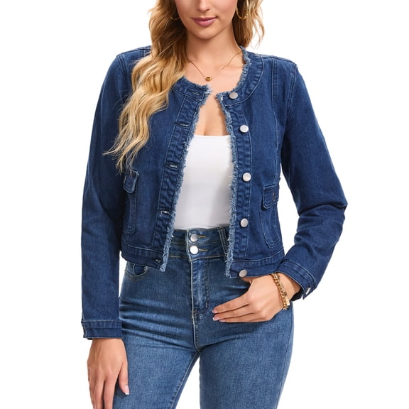 INSPIRE CHIC Womens Collarless Denim Jacket Frayed Edge Long Sleeve Button Front Cropped Jean Jackets S Dark Blue