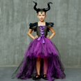 thumbnail image 2 of Girls Witch Costume Handmade Knitted Tulle Dress Evil Queen Dress up Costume for Halloween Carnival Cosplay 3-12 Years Dark Purple with Goat Horn Hairpin(Dark Purple )M, 2 of 5