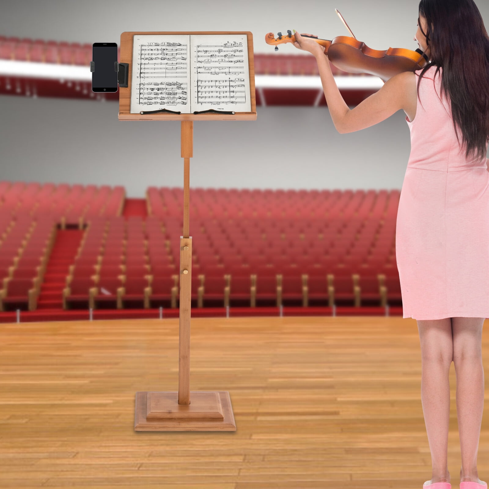 340° Classic Brown Adjustable Height Portable Book Stand Sheet Pro Music Stand W/ Phone Holder