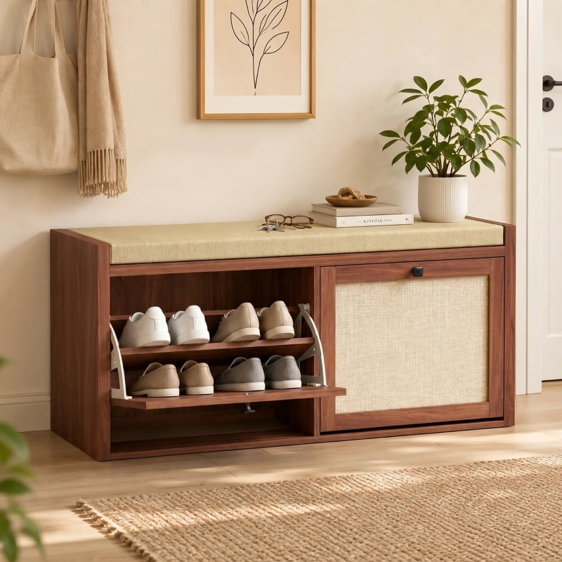 Alvantor Shoe Storage Bench with Rattan Doors & Padded Seat for Entryway 42.5"x13.8"x19.7" Brown
