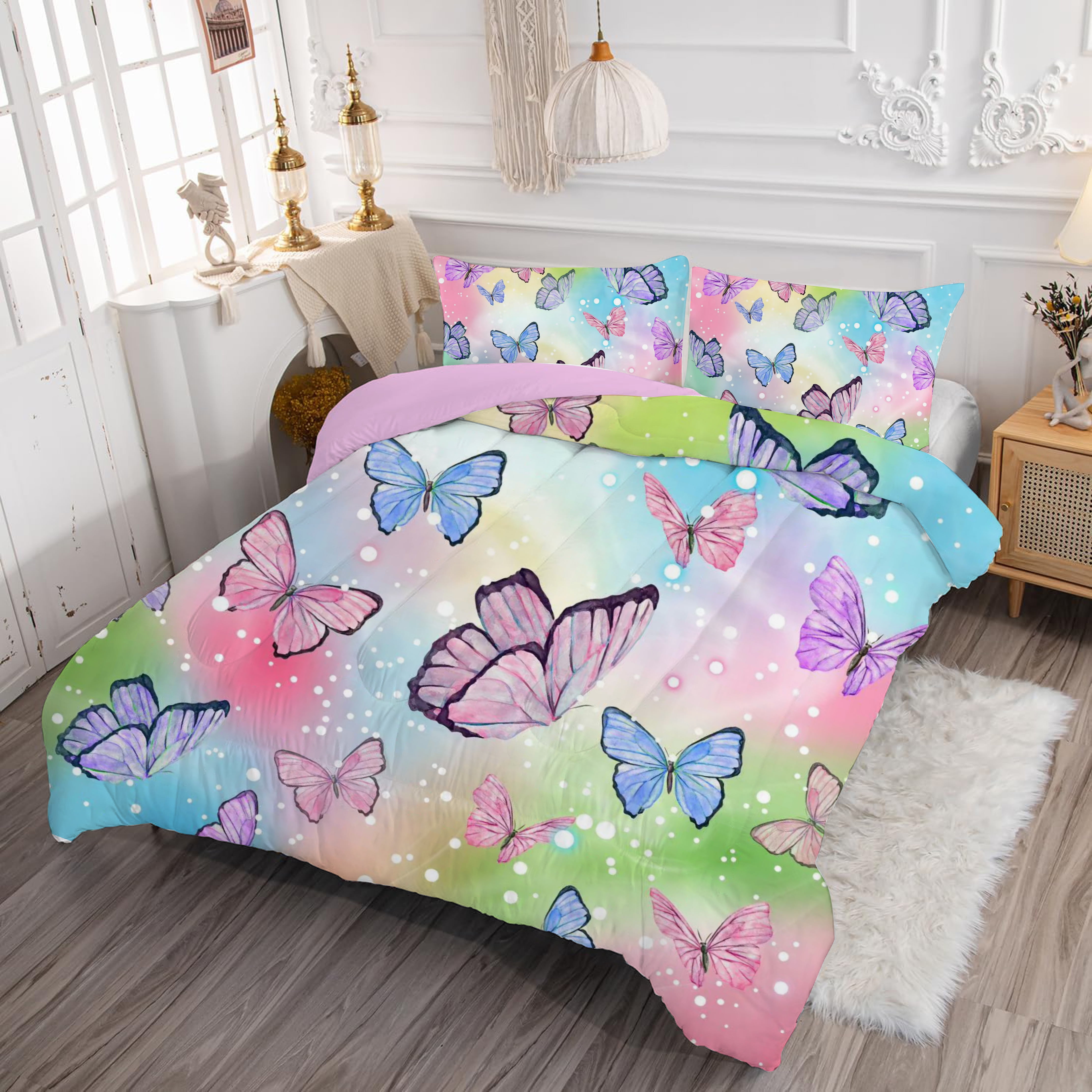 Psoiuetr Butterfly Comforter Set Rainbow Watercolor Printed Pattern Quilt Bedding Set for Girls Kids Teens Bedroom All Season Twin 3 Pieces