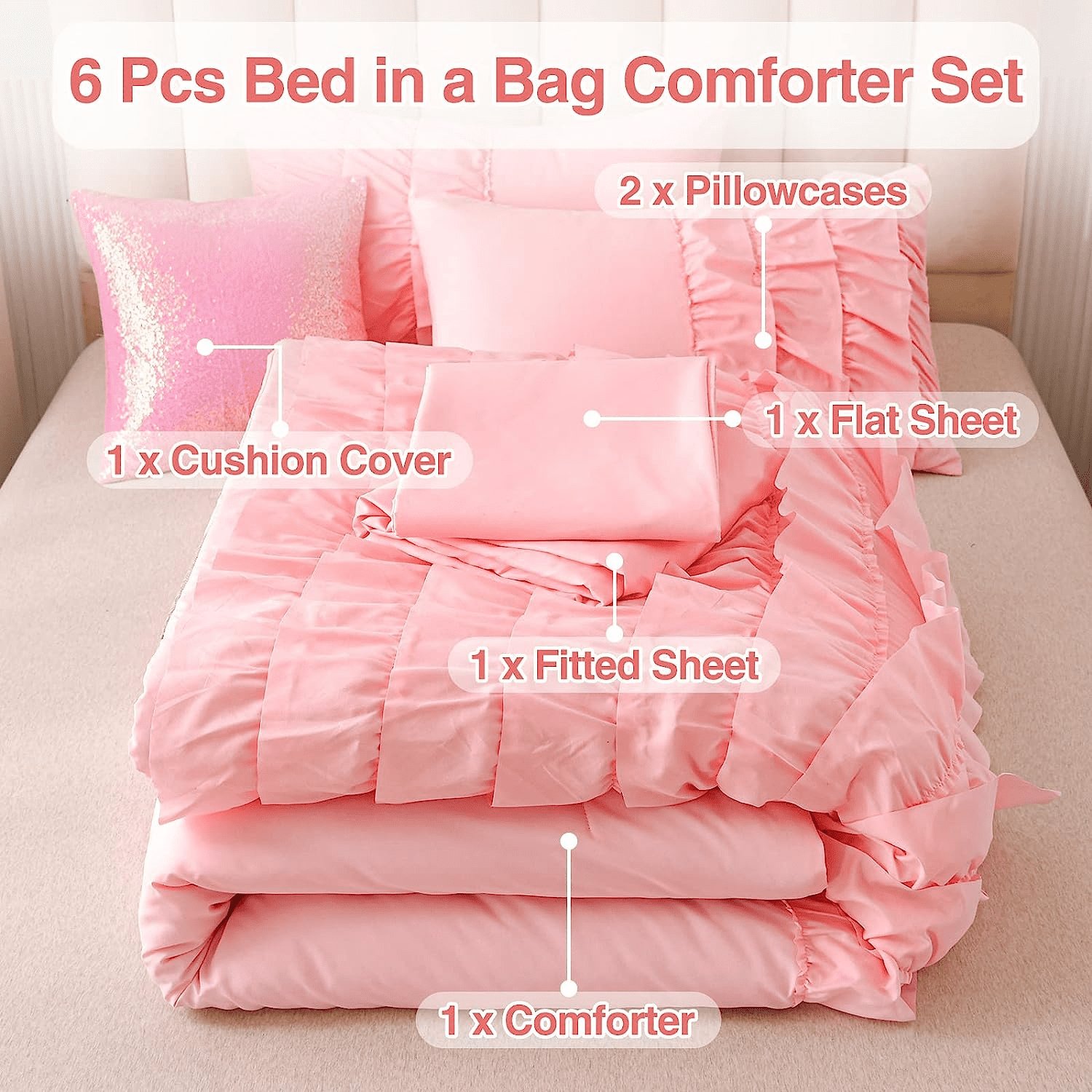 Btargot 6Pcs Waterfall Ruffled Princess Comforter Set Queen Soft Chic Bedding Set for Kids Girls Pink