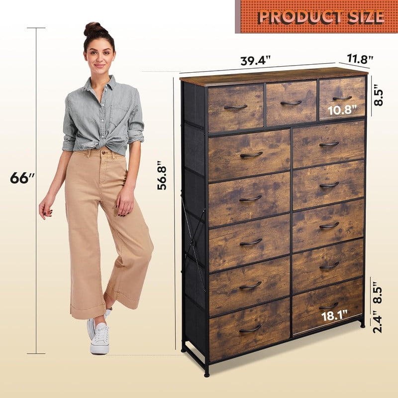 Bigleap 13-Drawer Fabric Dresser with Wood Top & Steel Frame – Sturdy Storage Cabinet for Bedroom, Living Room, Home Office,Brown