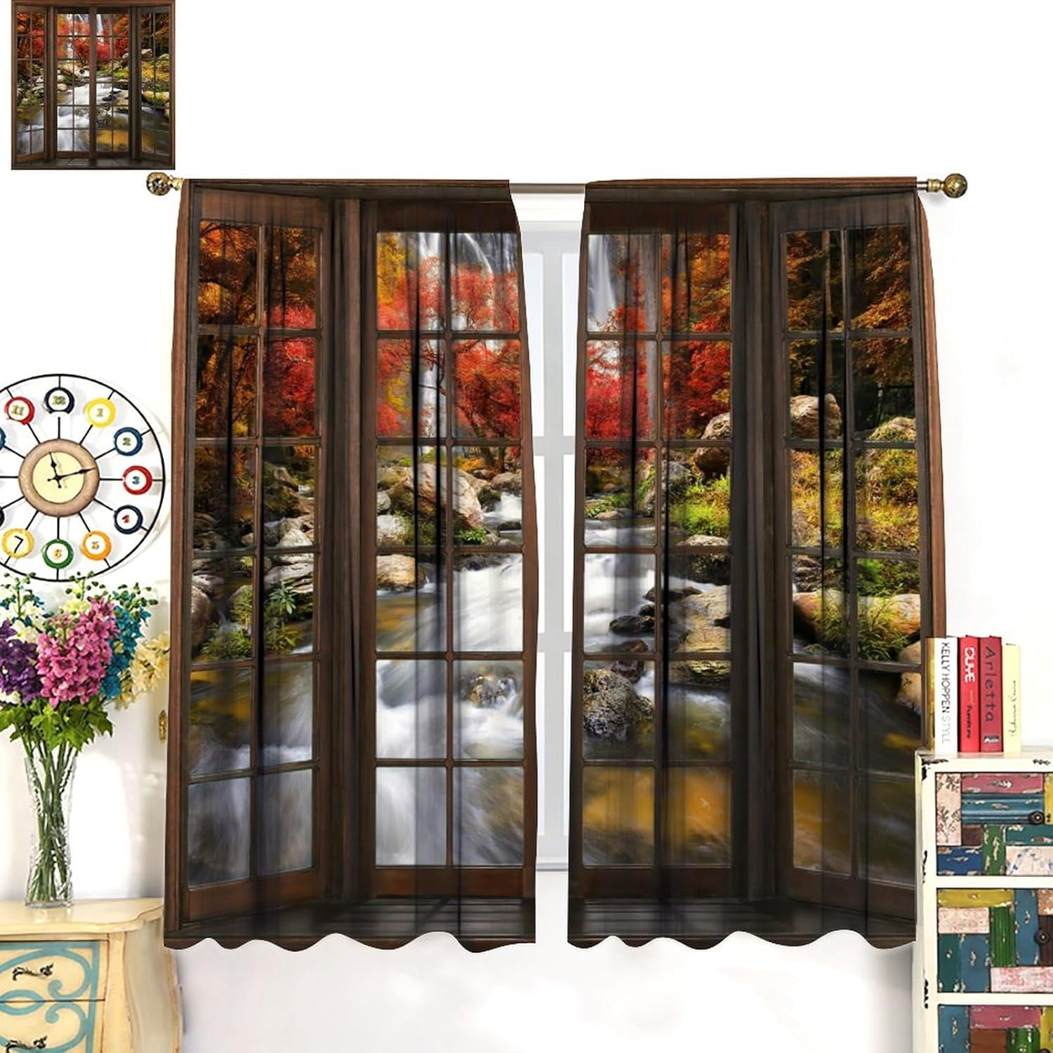 Forest Blackout Curtains, Windows Outside 3D Waterfall Forest Natural Landscape for Bedroom Living Room, 2 Panel Set,42X84x2 Inch, Style-2