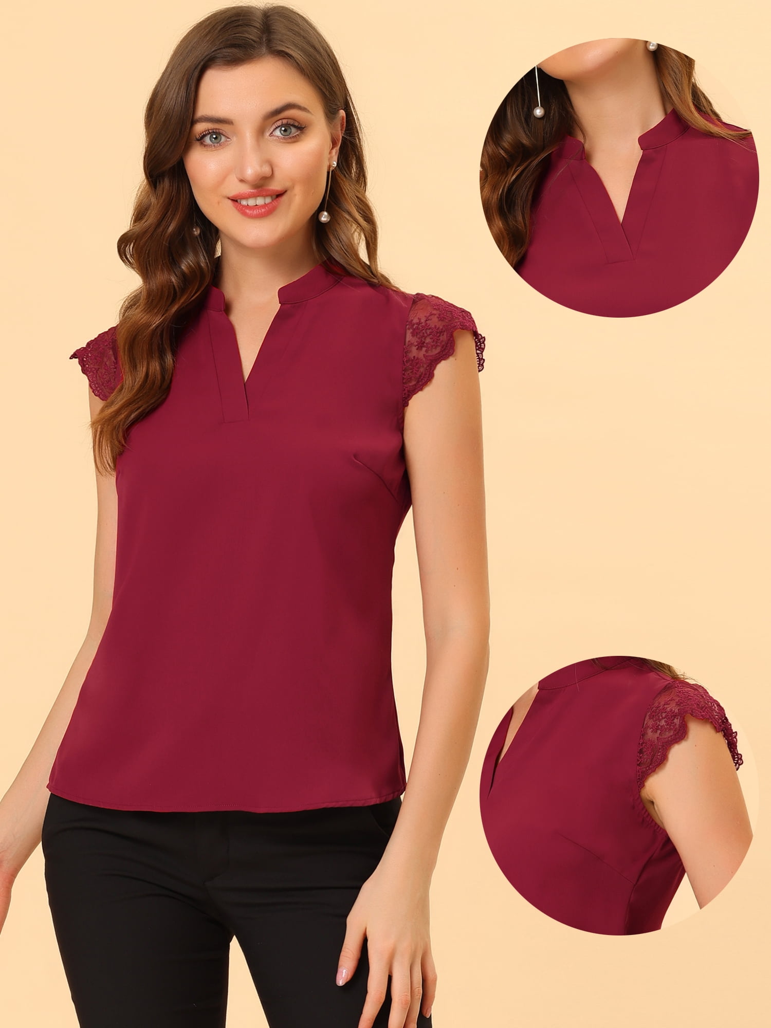 DARING DIVA Women's V Neck Sleeveless Basic Blouse Top L Red