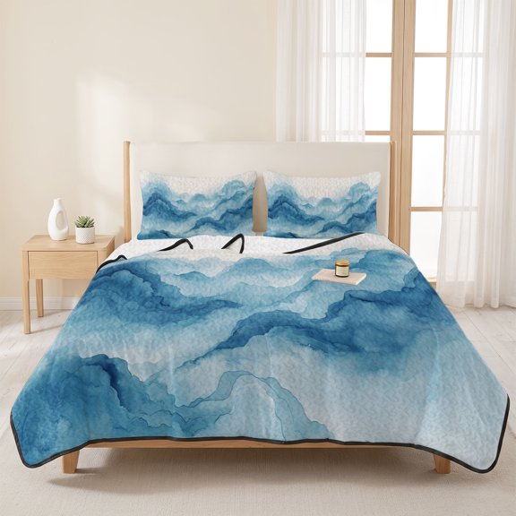 3 Piece Summer Bed Quilt Set King Size,Blue Gradient Mountain Lightweight Bedspread Coverlet with 2 Pillowcases Abstract Art Soft Comforter Bedding Quilts for All Season