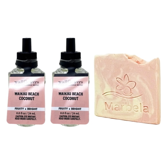 Bath & Body Works Waikiki Beach Coconut Set of 2 Wallflowers Home Fragrance Refill Bulbs with a Marbela Himalayan Salts Springs Sample Soap