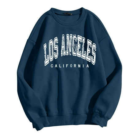 Ujnder Women s Drop Shoulder Sweatshirts Crew Neck Oversize Pullover Letter Print Tops Casual Outfits for Women Clothes Navy L
