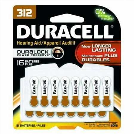 Duracell Hearing Aid Batteries with Easy-Fit Tab, Size 312, 16 Pack