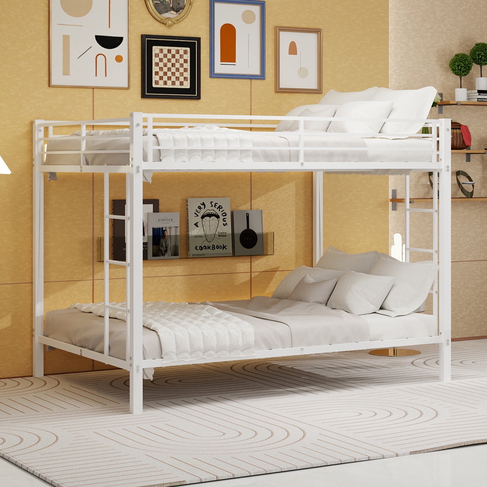 Leumius Queen over Queen Metal Bunk Bed,Heavy-Duty Steel Frame with Ladder & Safety Guardrails for Adults,White