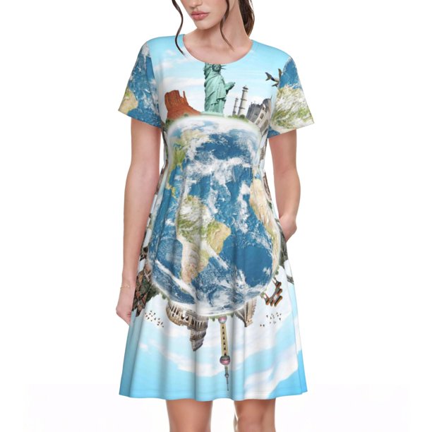 Disketp World Travel para Vestido de Manga Corta para Mujeres, Vestidos de Verano para Mujeres, Casual y Holgado para la Playa