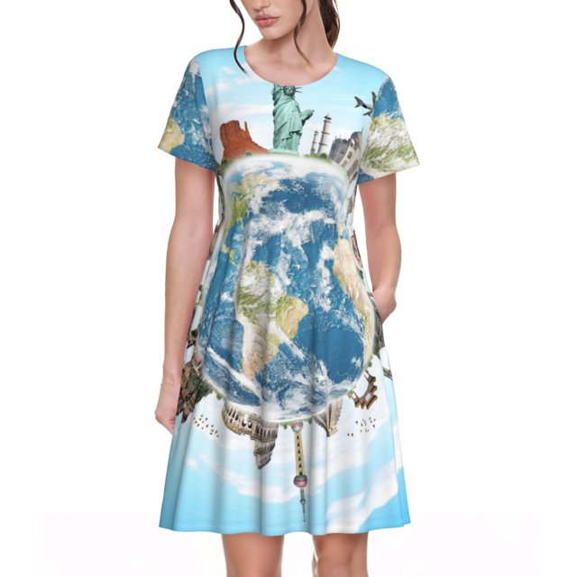 Balery World Travel Vestidos sueltos de manga corta para mujer, vestidos de verano 2025, vestidos casuales de corte A con vuelo.