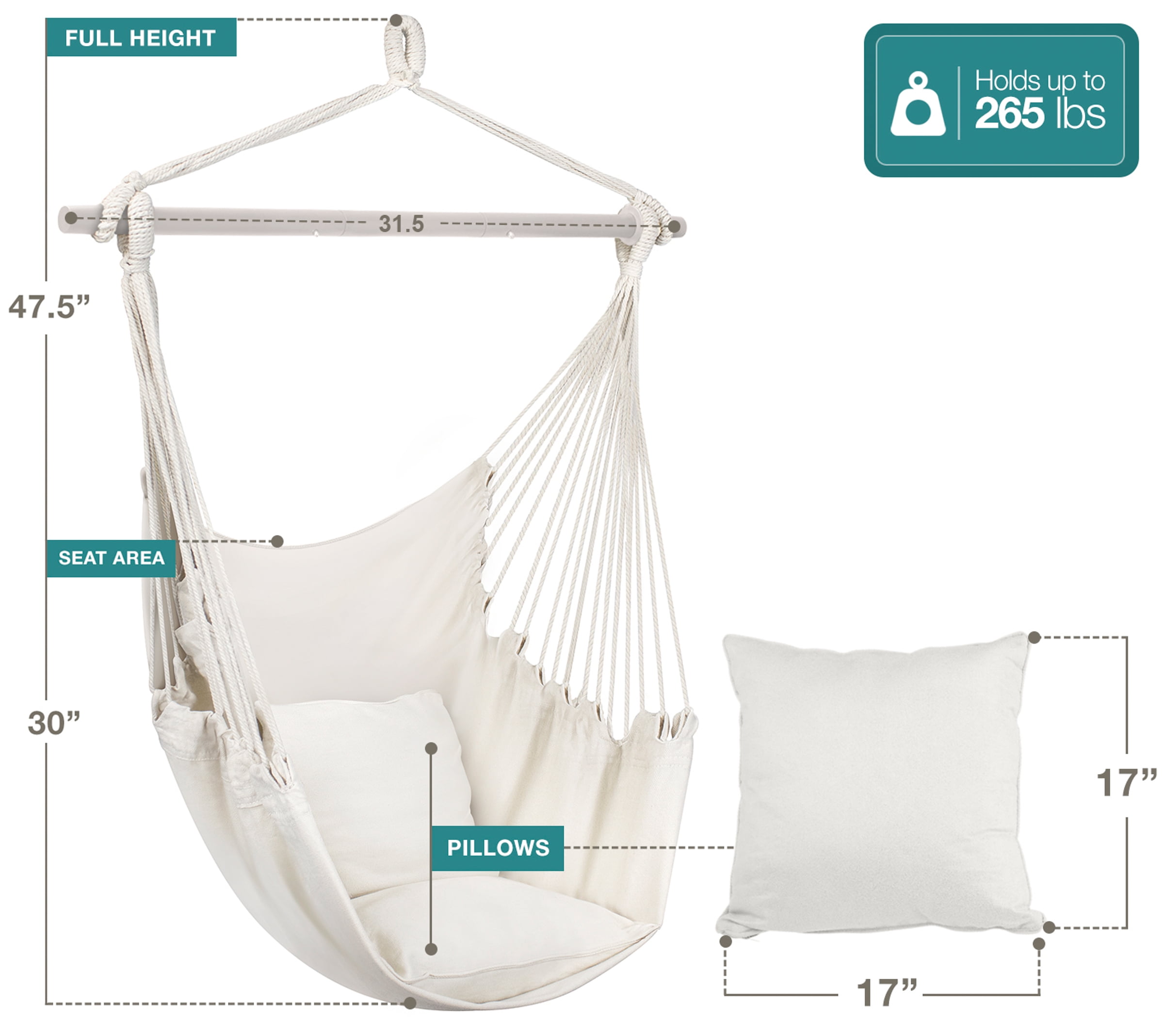 Sorbus Hanging Hammock Chair Swing Seat with Cushions, Indoor Outdoor, White, 265 lbs Capacity