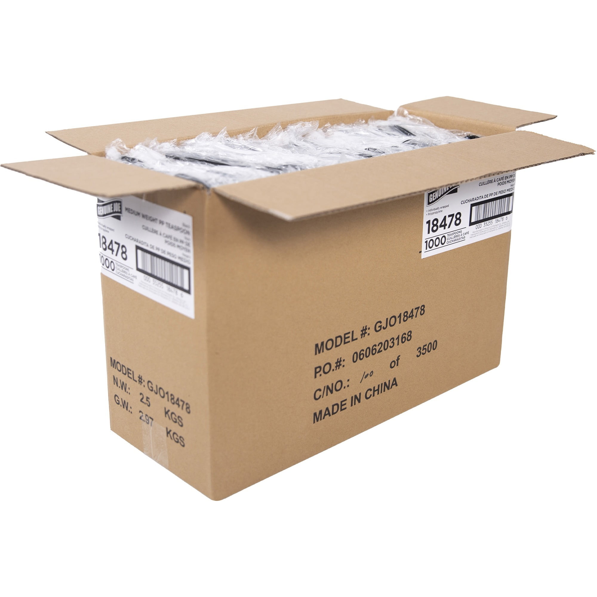 Genuine Joe Medium-weight Individually Wrapped Teaspoons - 1000/carton - Teaspoon - Breakroom - Disposable - Black