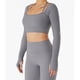 thumbnail image 3 of Mujer Yoga Top Fitness Cuello Redondo Halter Manga Larga Agujero Para El Pulgar Ropa Deportiva De Entrenamiento Con Almohadilla Para El Pecho Gris L, 3 of 6