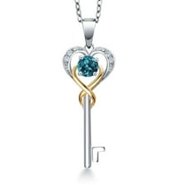 925 Sterling Silver and 10K Yellow Gold London Blue Topaz and White Lab Grown Diamond Heart and Key Pendant Necklace for Women (0.35 Cttw, Gemstone November Birthstone, with 18 inch Chain)