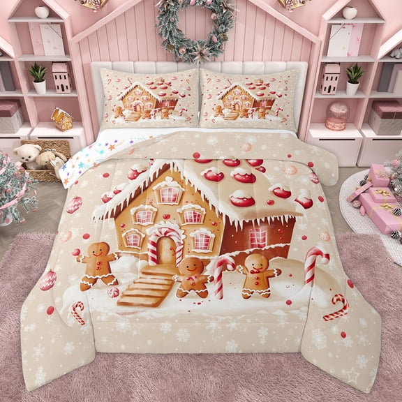 Homewish Gingerbread Man Kids Bedding Comforter Set, Kawaii Winter Xmas Cabin Twin Comforter Sets, Christmas Snowflake Reversible Bedding Set, Lightweight Room Decor, 2pcs