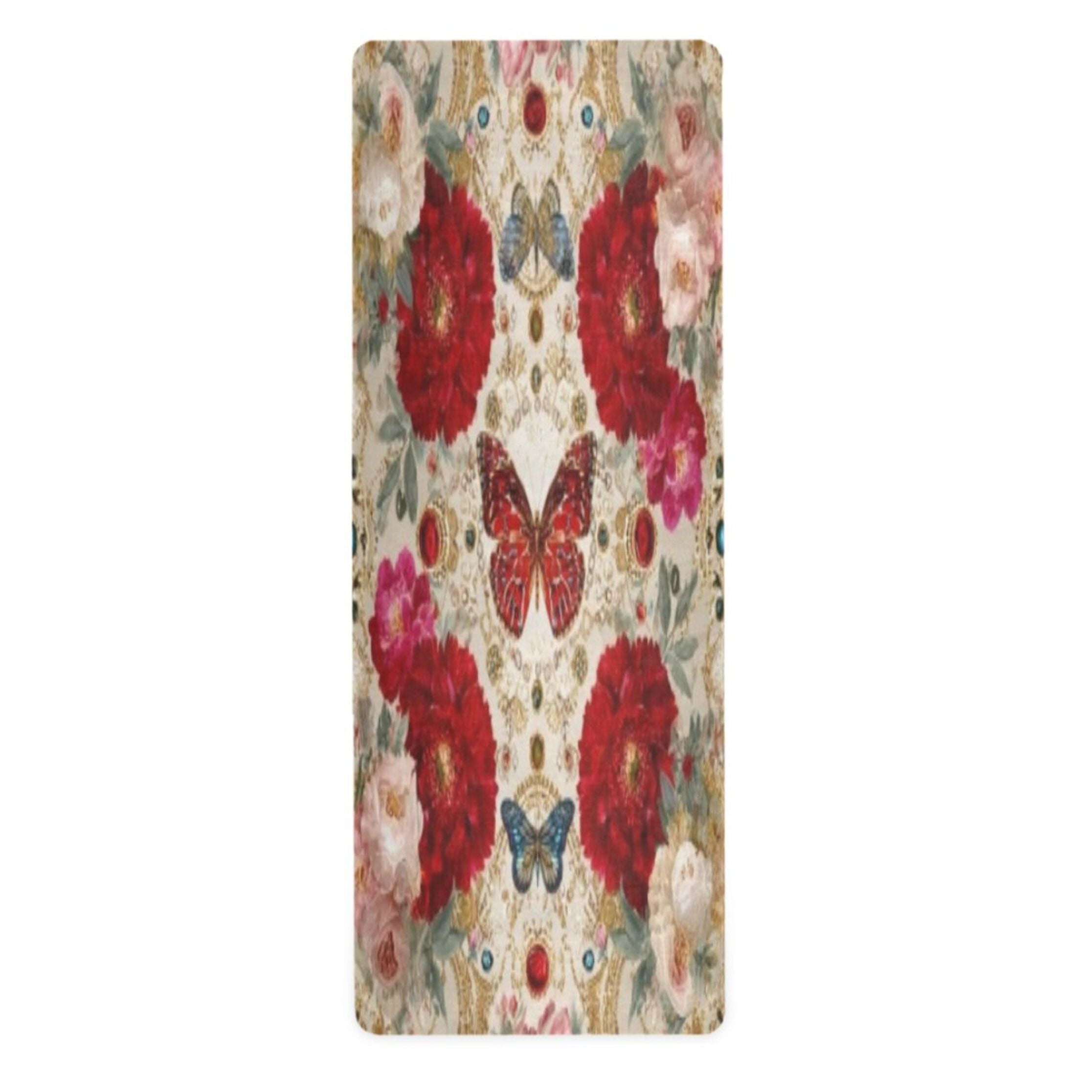 BZSMCE Yoga Mat Women Fitness Mat Red Rose Butterfly Opulence Pattern