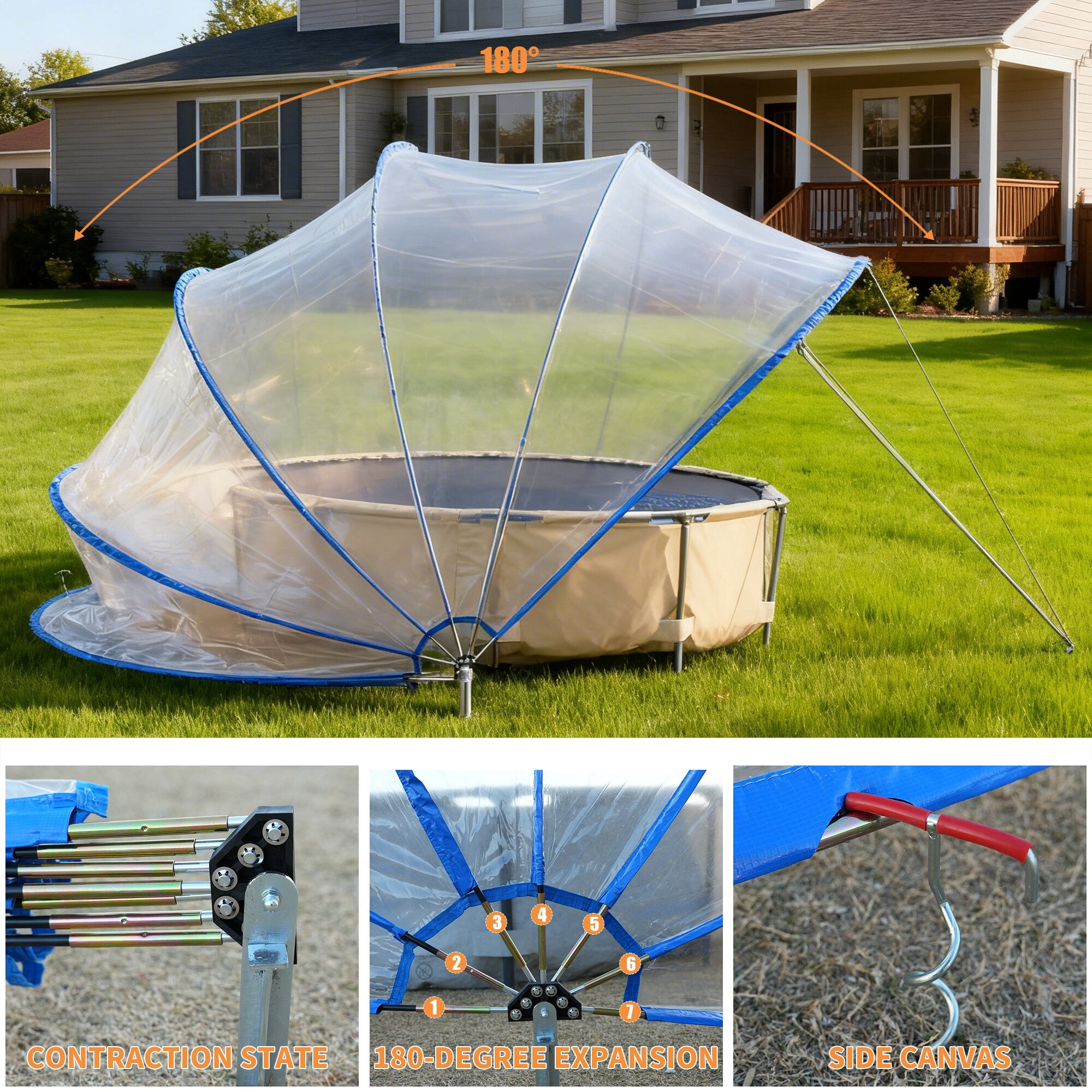 16 Ft Retractable Pool Cover, Above Ground Pool Enclosure with PVC Film & Fiberglass Rods, Outdoor Swimming Pool Tent with UV Protection, Extend Season, Blue