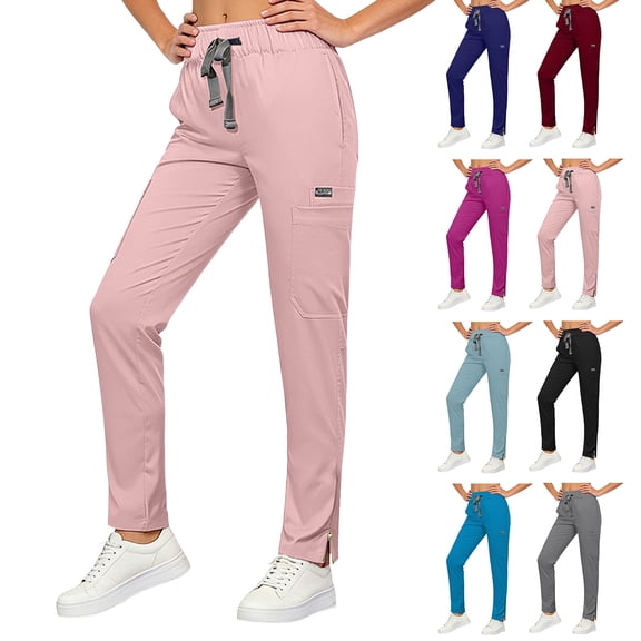 felwors Women's Scrub Pants High Waist Elastic Drawstring Work Trousers with Pockets Side Zipper Casual Wear(Light Blue, XS)