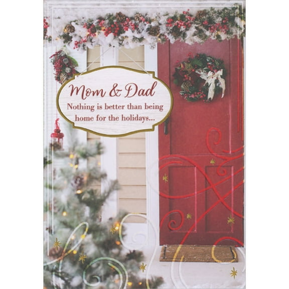 Designer Greetings Being Home for the Holidays: Red Door, Swirls, Gold Stars Christmas Card for Mom and Dad from Both of Us