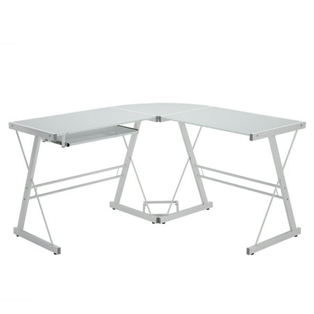 Modern Glass and Metal White L-Shaped Corner Computer Desk by Manor Park