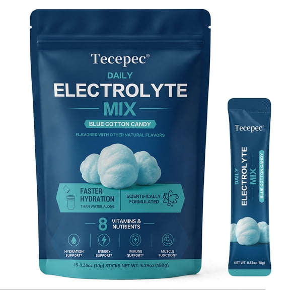 Tecepec Daily Electrolyte Mix Powder Packets, Blue Cotton Candy Flavor, Hydration Drink Supplement with Potassium, Sodium & B‑Vitamins, 15 Stick Packs