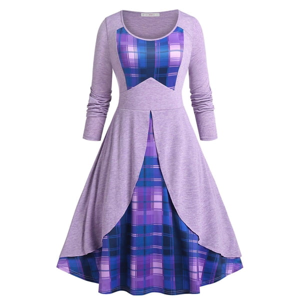 Vestido Midi Swing a Cuadros Tamaño Plus Rosegal Vestidos casuales de talla grande