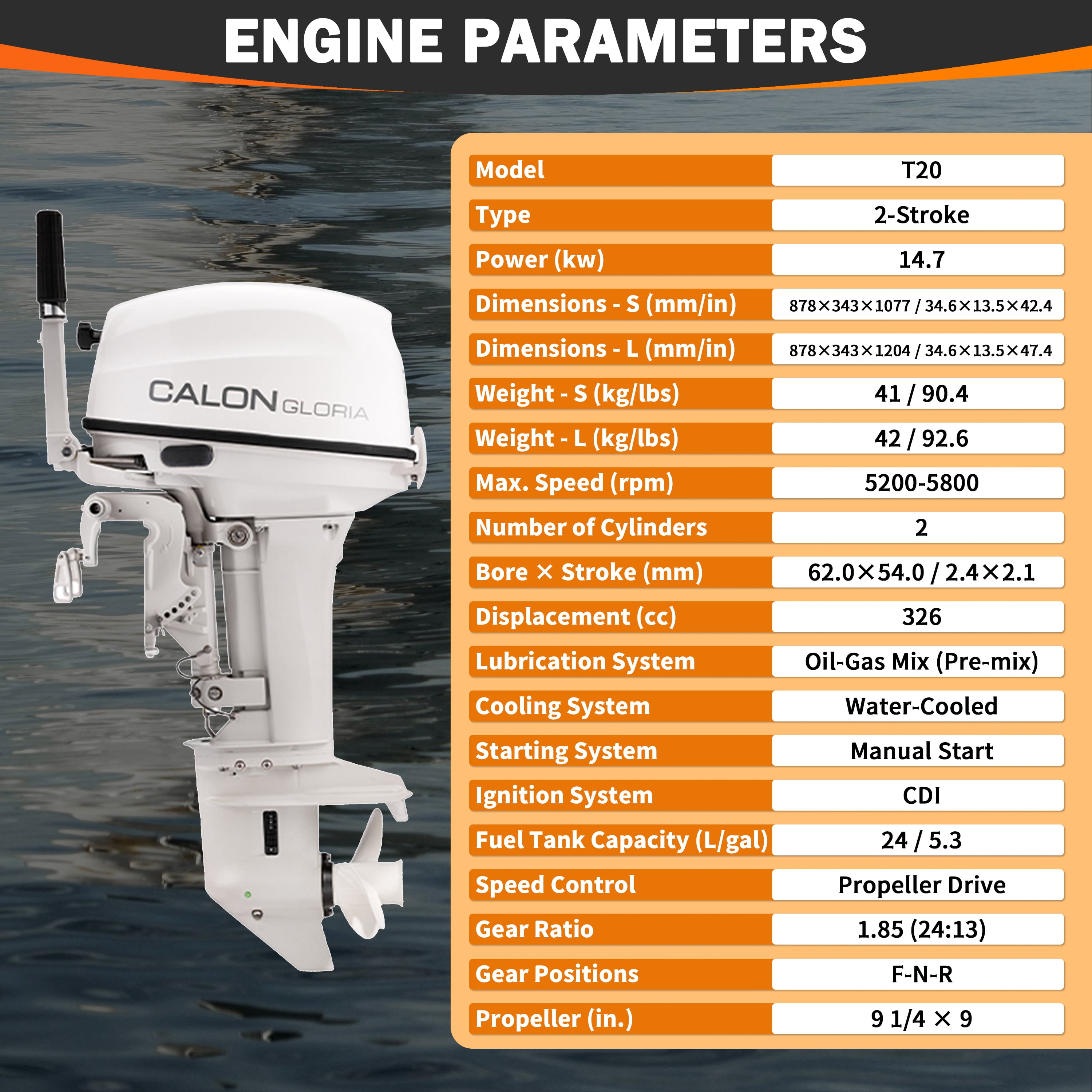 2 Stroke 20HP Calon Outboard Motor with Fuel Tank, 326cc Heavy Duty Long Shaft Fishing Boat Engine with Water Cooling System & CDI Ignition System for Inflatable Boat Kayak Canoe Sailboat