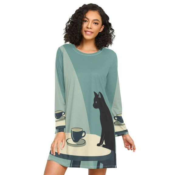 FORMRS Womens Long Sleeve Nightgowns Crew Neck Sleep Shirt Soft Pajamas Sizes S-3XL, Black Cat