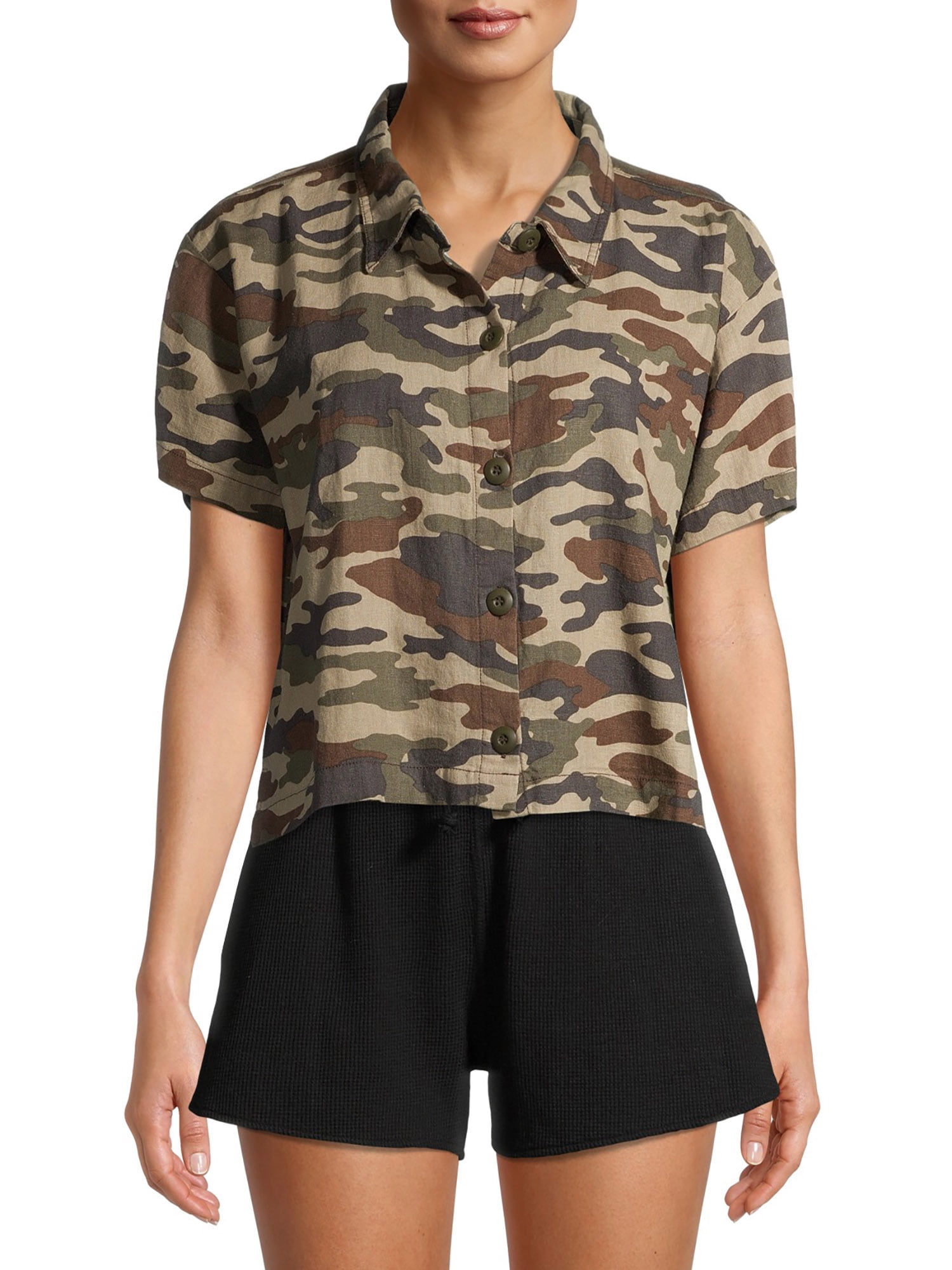 Kylie Juniors' Cropped Camo Camp Shirt 