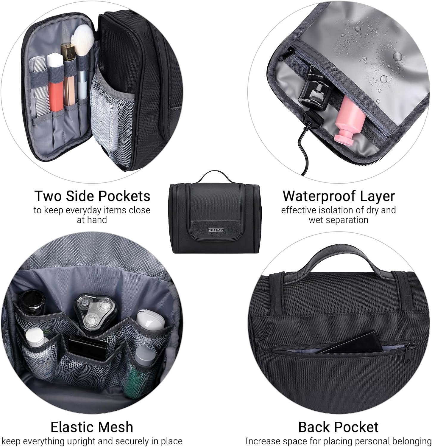 WITZMAN Toiletry Bag for Men Large Hanging Multi-Organization Bathroom Bag Water-Resistant Dopp Kit Shaving Bag Men(B690 Black)
