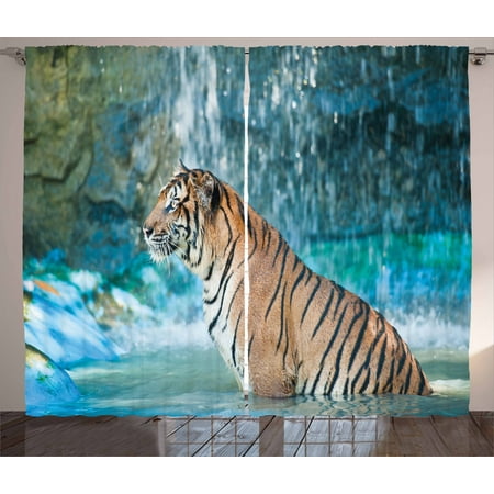 Tiger Curtains 2 Panels Set, Feline Beast in Pond Searching for Prey Sumatra Indonesia Scenes, Window Drapes for Living Room Bedroom, 108W X 90L Inches, Turquoise Pale Brown Black, by (The Best Bedroom Sets)