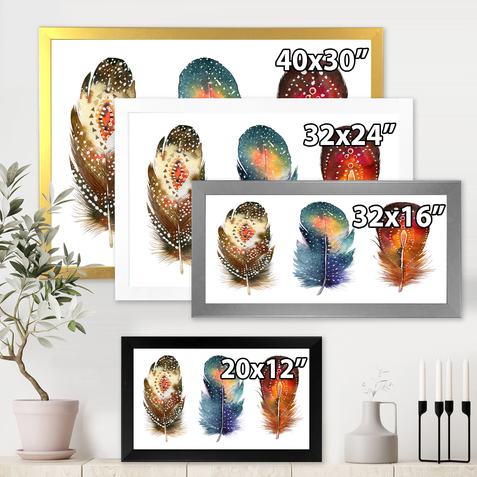 Designart 'Colourful Boho Art Feather Set IX' Bohemian & Eclectic Framed Art Print