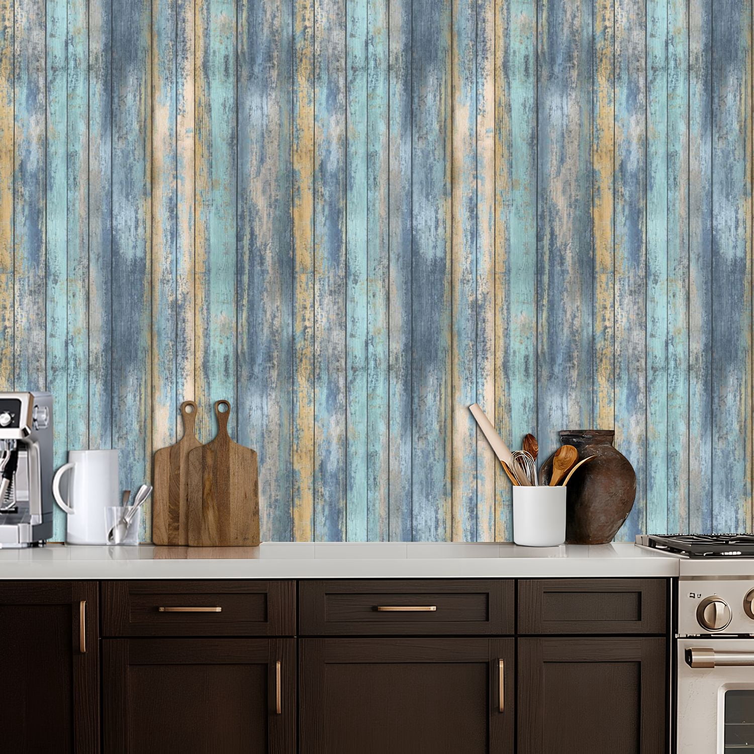 Vintage Peel and Stick Wallpaper Rustic Weathered Wood Plank Texture Blue Beige Tones Wall Mural 17.7in x 9.8ft Self Adhesive Removable Wall Paper Renter Friendly Wallpaper for Bedroom Cabinets