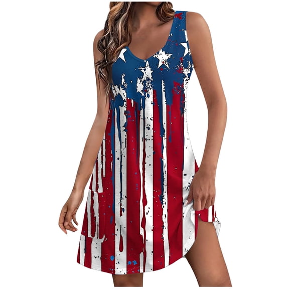 Taqqpue Women 4th of July Sleeeveless Dress Independence Day V Neck Tank Dresses Red White Blue Frock USA Flag Patriotic Dress Flowy Knee Length Sundress with Pockets