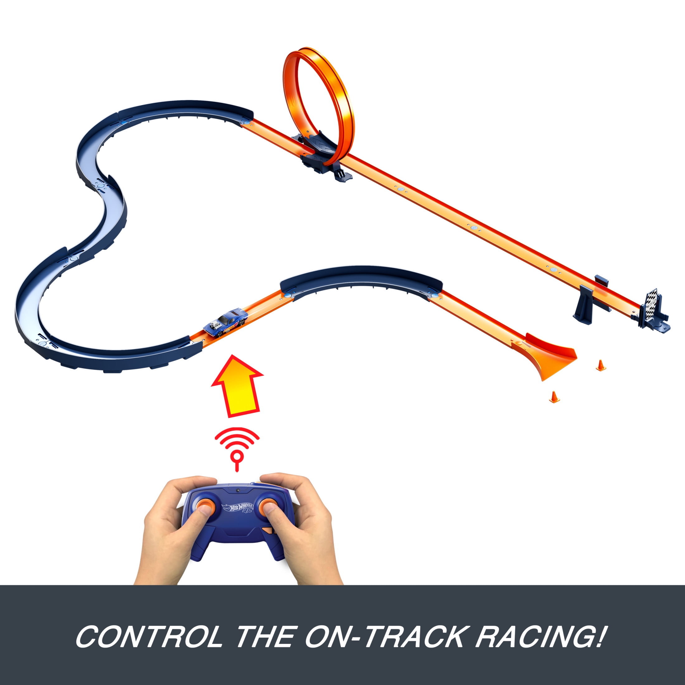 Hot Wheels RC Speed Challenge Track Set & Battery-Powered Remote-Control 1:64 Scale Toy Car, 30+ Pieces of Track
