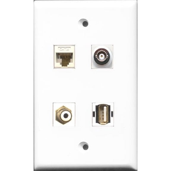 RiteAV 1 Port RCA White and 1 Port USB A-A and 1 Port BNC and 1 Port Cat6 Ethernet White Wall Plate