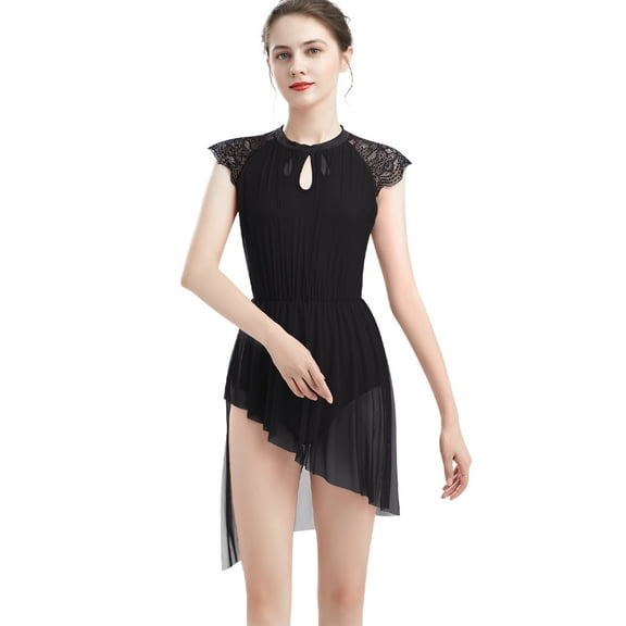 IBTOM CASTLE Women Elegant Lyrical Dance Dress Lace Cap Sleeve Asymmetrical Tulle Skirt Leotard Contemporary Ballet Dancewear S Black