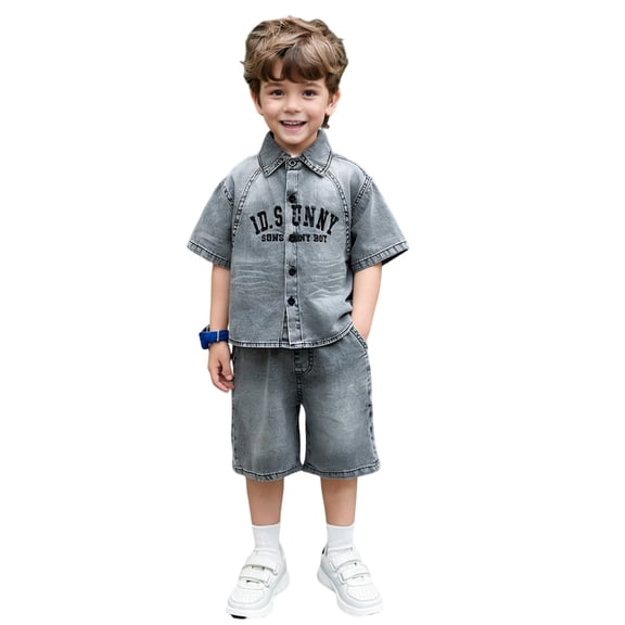 Bysome Boys Outfit Set Letter Print Short Sleeve Lapel Neck T-Shirts With Solid Color Shorts Set Breathable Boys Outfit Size 3-4 Years Grey