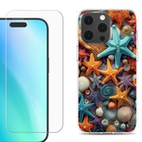For iPhone 16 Pro Max Phone Case Cover, Shockproof Case with Tempered Glass Screen Protector, by OneToughShield - Starfish Mix