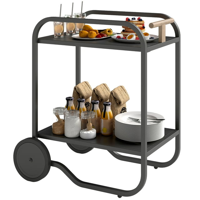 Outsunny Chariot de Grill avec Rangement, Chariot à Barre Roulante à 2 Niveaux sur Roues, Noir