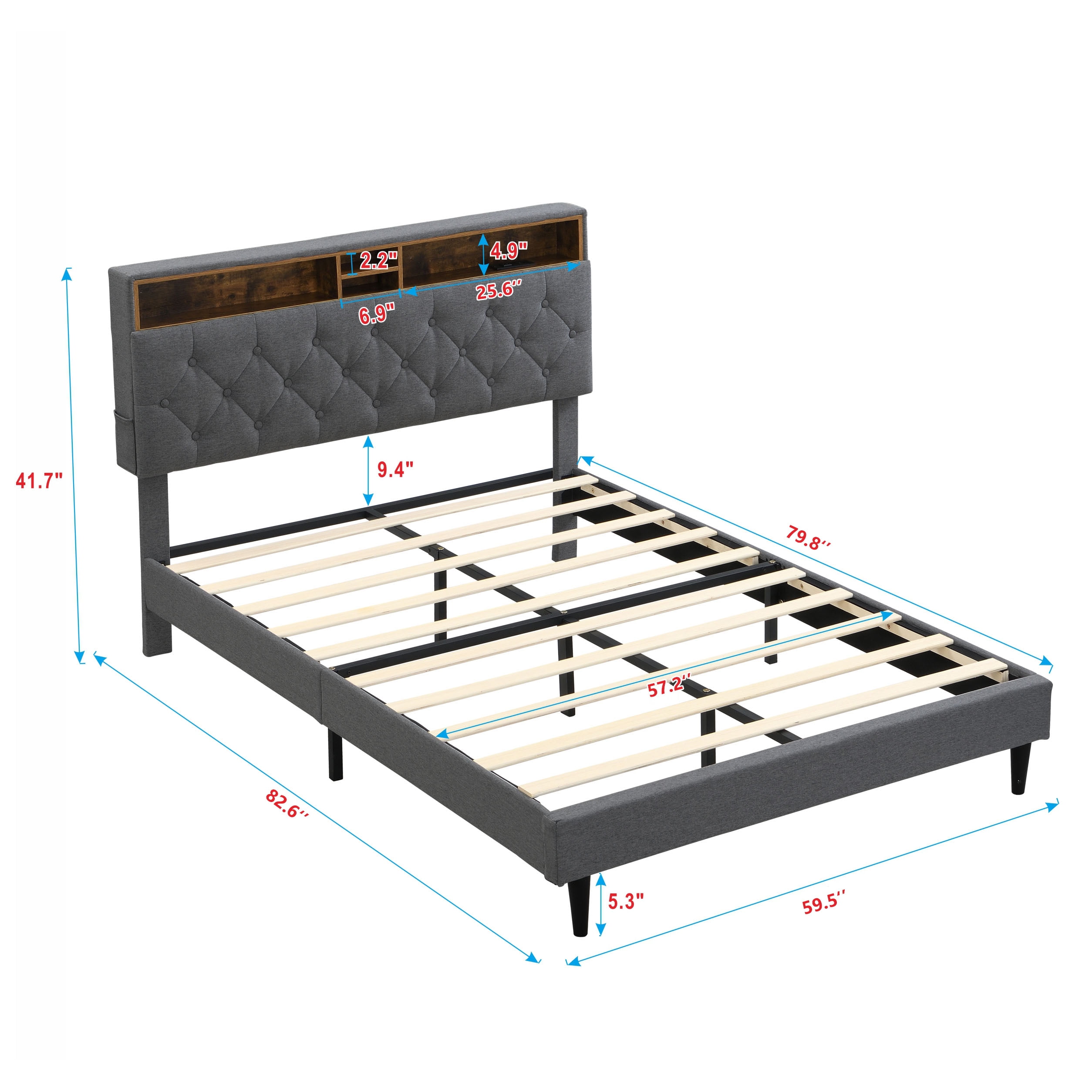 FFZ Linen Upholstered Queen Platform Bed Frame with Tufted Headboard USB, Dark Grey